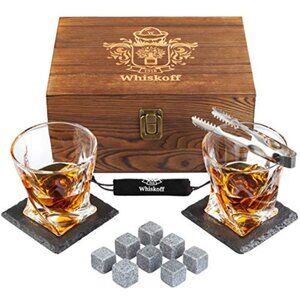 Whiskoff Whiskey Wood Box Gift Set 2 Glasses 8 Rocks Slate Coasters Tongs New